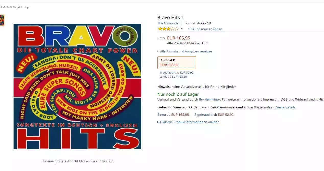 Bravo Hits Nummer 1 auf Amazon kostet 165 Euro